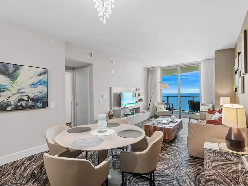 Dining and living area with ocean view